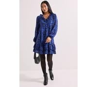 Dorothy Perkins Women's Petite Printed Collar Detail Blouson Sleeve Tiered Mini Dress in Blue | Size: 8