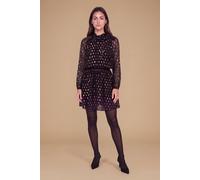Dorothy Perkins Petite Pussy Bow Tie Detail Blouson Sleeve Metallic Jacquard Mini Dress In Black black