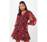Dorothy Perkins Petite Red Floral Chiffon Shirred Waist Long Sleeve Mini Dress floral 8