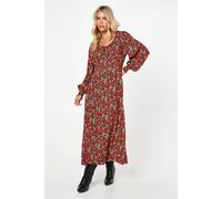 Womens Petite Red Rose Ditsy Tie Front Shirred Cuff Midi Dress Rose 8
