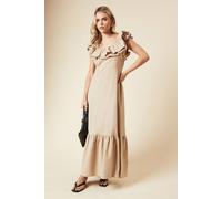 Dorothy Perkins Petite Ruffle Bardot Linen Midi Dress In Taupe taupe 16