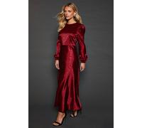 Dorothy Perkins Petite Satin Jacquard Empire Long Sleeve Midi Dress In Berry berry 14