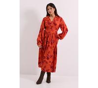 Dorothy Perkins Petite Seam Detail Collared Blouson Sleeve Printed Midi Dress In Rust rust 12