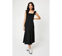 Dorothy Perkins Women's Petite Shirred Bodice Ruffle Neckline Jersey Midi Dress in Black | Size: 14 Dorothy Perkins Black 14