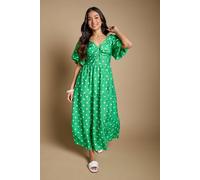 Dorothy Perkins Women's Petite Spot Twist Front Puff Sleeve Midi Dress in Green | Size: 6 Dorothy Perkins Green 6