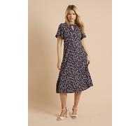 Dorothy Perkins Petite Tie Front Flutter Sleeve Printed Jersey Midi Dress In Navy navy