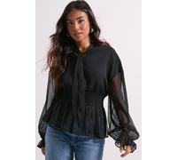 Dorothy Perkins Petite Tie Neck Shirred Waist Boho Blouse In Black black 16