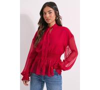 Dorothy Perkins Petite Tie Neck Shirred Waist Boho Blouse red 8