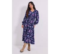 Dorothy Perkins Petite V Neck Button Front Detail Printed Midi Dress In Blue blue 14