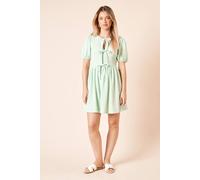 Dorothy Perkins Pin Spot Bow Tie Front Puff Sleeve Jersey Mini Dress In Green green 8