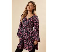 Womens Pink Ditsy Rose Button Front Tiered Long Sleeve Mini Dress Floral 8