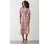 Dorothy Perkins Pink Floral Flutter Sleeve Shirred Waist Midi Dress, 14, Pink