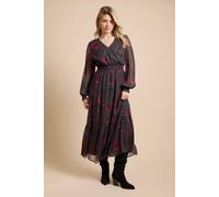 Dorothy Perkins Pink Rose Wrap Front Blouson Sleeve Printed Chiffon Tiered Maxi Dress In Floral floral