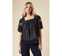 Pleat Front Lace Trim Short Sleeve Blouse Dorothy Perkins Black 10