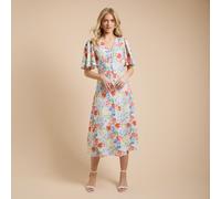 Dorothy Perkins Printed Angel Sleeve Button Through Midi Dress PINK SIZE 10