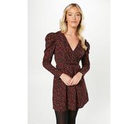Dorothy Perkins Red Animal Empire Wrap Long Sleeve Mini Dress In Black black 12