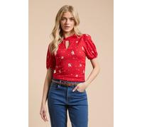 Dorothy Perkins Women's Red Ditsy Keyhole Neck With Puff Sleeve Blouse | Size: 16 Dorothy Perkins Red 16