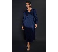 Dorothy Perkins Satin Animal Jacquard Empire Long Sleeve Midi Dress In Navy navy 12