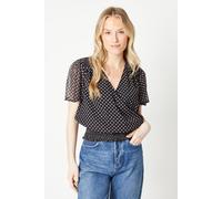 Dorothy Perkins Spot Chiffon Shirred Hem Wrap Blouse, 14, Black