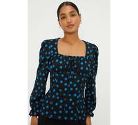Dorothy Perkins Spot Shirred Cuff Textured Long Sleeve Top In Cobalt