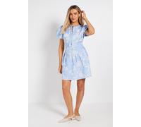Dorothy Perkins Women's Tie Front Button Detail Puff Sleeve Mini Dress in Blue | Size: 14