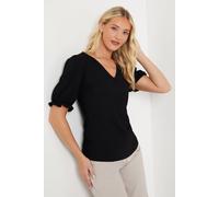 Dorothy Perkins Womens T-Shirt Black V-Neck Puffed Sleeves Jersey Fabric