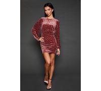 Womens Velvet Animal Ruched Mini Dress Berry 16