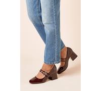 Dorothy Perkins Wide Fit Dawn Faux Patent Leather Double Mary Jane Mid Block Heel Court Shoes In Dark Red dark red 6