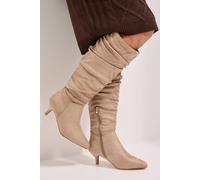 Dorothy Perkins Wide Fit Khloe Faux Suede Kitten Heel Knee High Ruched Boots, 6, Beige