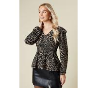 Animal Ruffle shoulder shirred waist long sleeve top Dorothy Perkins Leopard S
