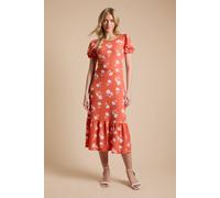 Dorothy Perkins Women's Daisy Frill Neck Puff Sleeve Printed Jersey Midi Dress in Red | Size: 12 Dorothy Perkins Red 12