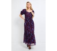 Dorothy Perkins Women's DP Luxe Chocolate Floral Ditsy Printed Organza Frill Detail Puff Sleeve Maxi Dress in Navy | Size: 8