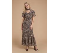 Dorothy Perkins Women's DP Luxe Double Flutter Sleeve Tie Detail Printed Maxi Dress in Leopard | Size: 16