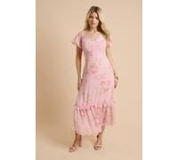 Dorothy Perkins Women's DP Luxe Printed Flutter Raglan Sleeve Midi Dress in Pink | Size: 16