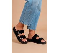 Dorothy Perkins Women's Fisher Faux Suede Double Buckle Footbed Flat Sandals in Natural Black | Size: 3 Dorothy Perkins Natural Black 3