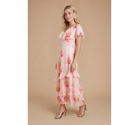 Dorothy Perkins Women's Floral DP Luxe Pink Floral Cape Ruffle Midi Dress | Size: 16