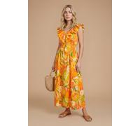 Dorothy Perkins Women's Fruit Frill Neckline Lace Detail Printed Midi Dress in Orange | Size: 16