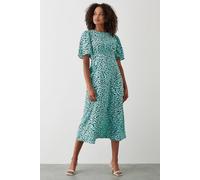Dorothy Perkins Women's Green Animal Flutter Sleeve Shirred Waist Midi Dress | Size: 8 Dorothy Perkins Green 8