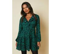 Dorothy Perkins Women's V-Neck Long Sleeve Occasionwear Party Wedding Guest Green Animal Pattern Tiered Hem Frill Wrap Mini Dress, V-Neck, Spring