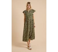 Dorothy Perkins Women's Green Floral Keyhole Flutter Sleeve Midi Dress in Black | Size: 12