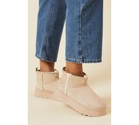 Womens Hania Suedette Faux Fur Lined Stitch Detail Cosy Chunky Flatform Ankle Boots Beige 8