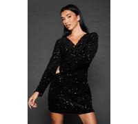 Dorothy Perkins Womens Cocktail Dress Black Sequin Lace Trim Long Sleeve