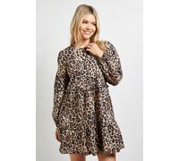 Dorothy Perkins Women's Leopard Frill Tiered Printed Poplin Mini Smock Dress | Size: 14 Dorothy Perkins Leopard 14