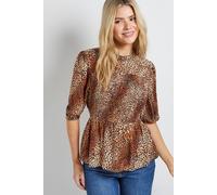 Dorothy Perkins Women's Leopard High Neck Shirred Bodice Top | Size: 14
