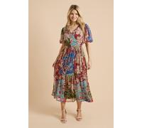 Dorothy Perkins Women's Patchwork Floral Wrap Front Puff Sleeve Tiered Maxi Dress | Size: 12