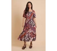 Dorothy Perkins Women's Patchwork Shirred Bodice Flutter Sleeve Midi Dress in Brown | Size: 18