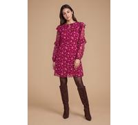 Dorothy Perkins Women's Petite Berry Ditsy Patchwork Frill Yoke Printed Chiffon Mini Dress | Size: 12