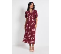 Dorothy Perkins Petite Berry Floral Collared Button Detail Puff Sleeve Midi Dress, 12, Berry