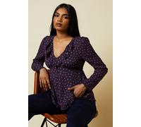 Dorothy Perkins Women's Petite Berry Spot Ruffle Neck Long Sleeve Button Front Tea Blouse | Size: 8 Dorothy Perkins Berry 8