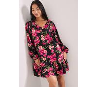 Dorothy Perkins Women's Petite Black Floral Collar Detail Blouson Sleeve Tiered Mini Dress | Size: 8